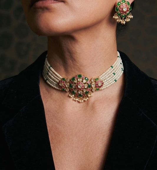 Motilata multi strand pearl choker necklace with ruby emerald kundan medallion and matching earring
