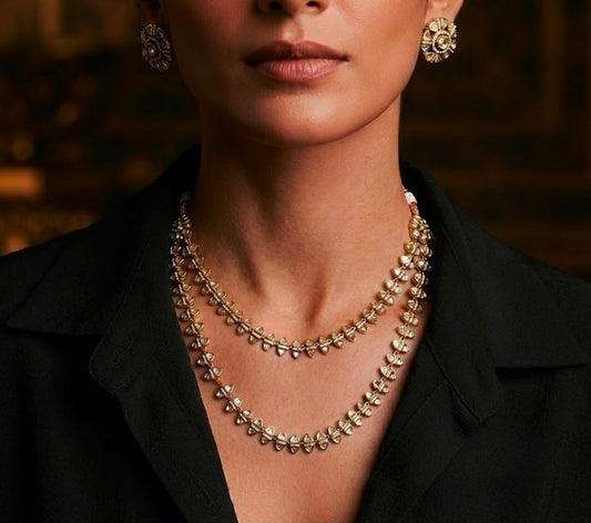 Antique gold layered necklace set for women, double strand artificial jewellery for festive and daily wear