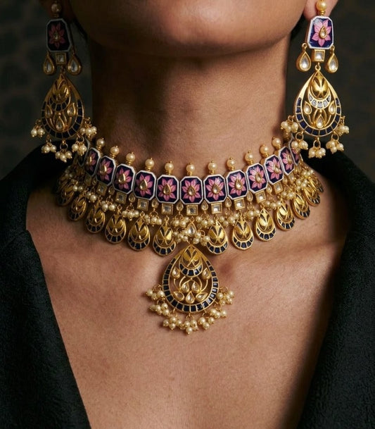 Lotus meenakari choker necklace set with kundan stones and pearl drops, bridal jewellery online India