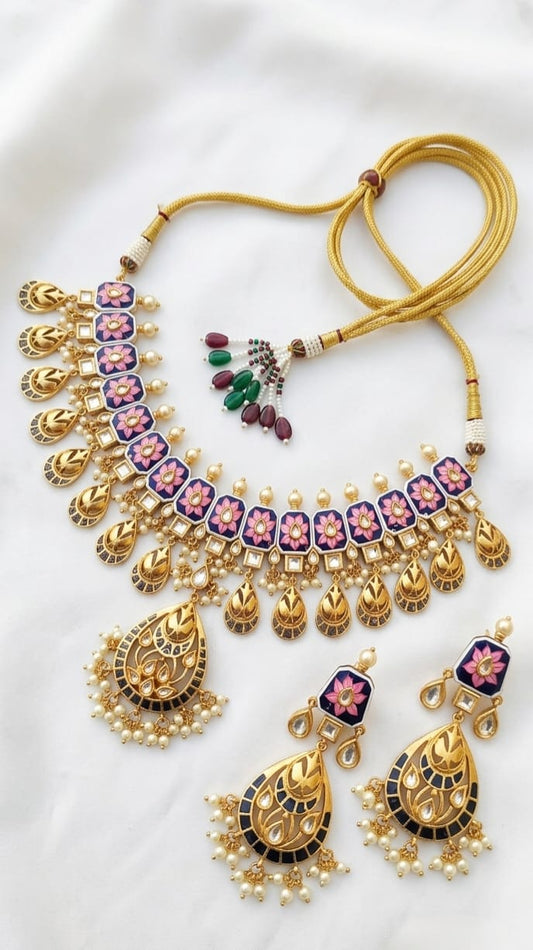 Lotus meenakari choker necklace set with kundan stones