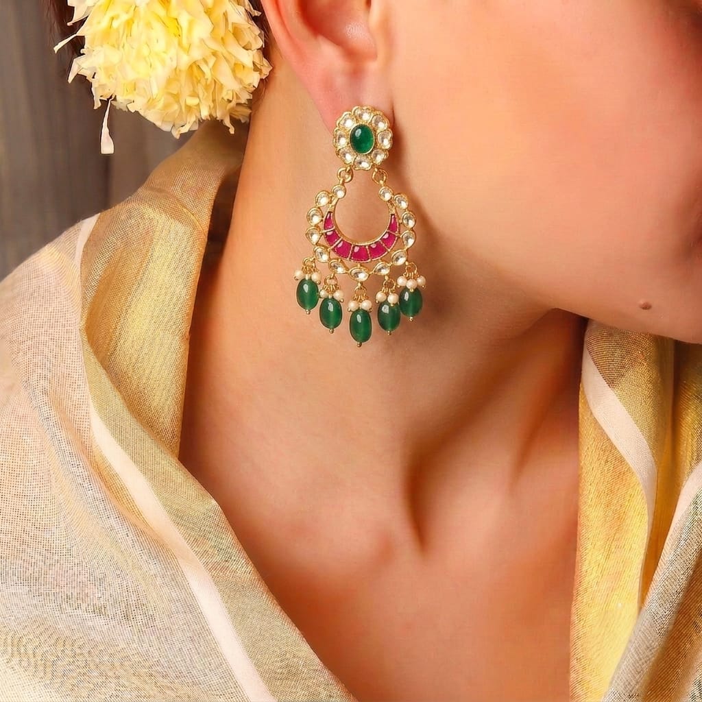 Madhuri green kundan chandbali earrings with magenta enamel and pearl drops