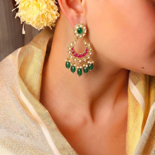 Madhuri green kundan chandbali earrings with magenta enamel and pearl drops