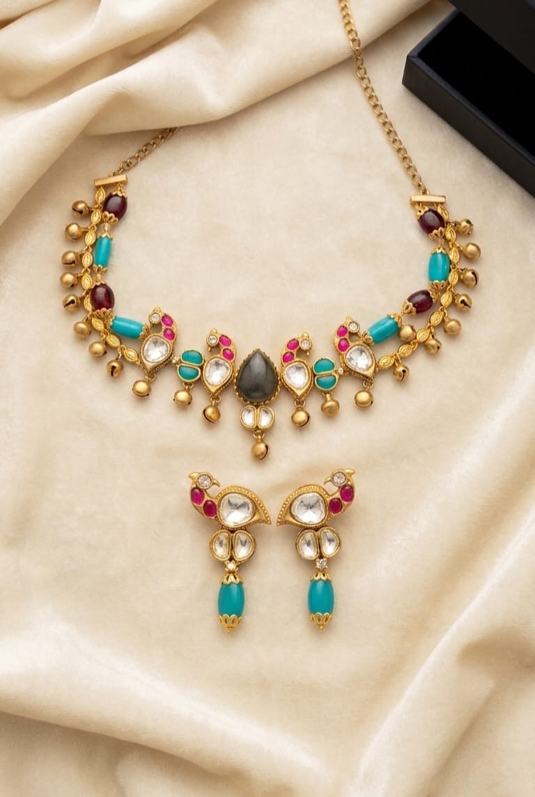 Firoza turquoise maroon polki necklace set with gold ghungroo bells and matching earring
