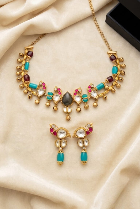 Firoza turquoise maroon polki necklace set with gold ghungroo bells and matching earring
