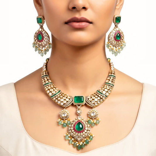 Meenakari emerald collar necklace set with kundan work, bridal jewellery set for wedding online India.