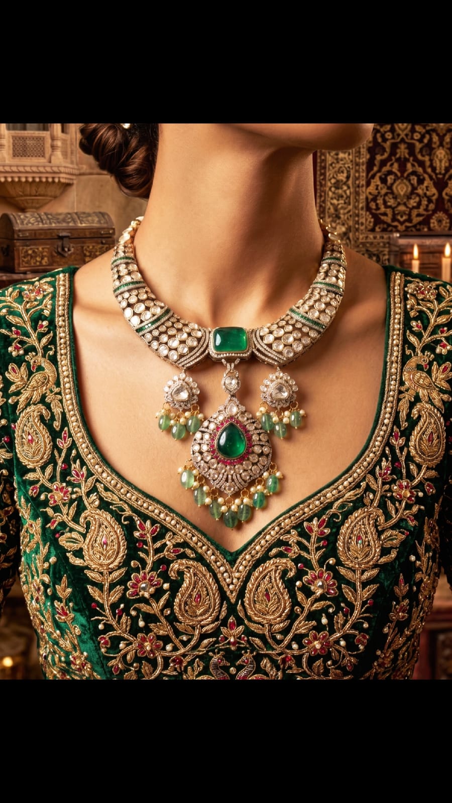Meenakari emerald collar necklace set with kundan work, bridal jewellery set for wedding online India