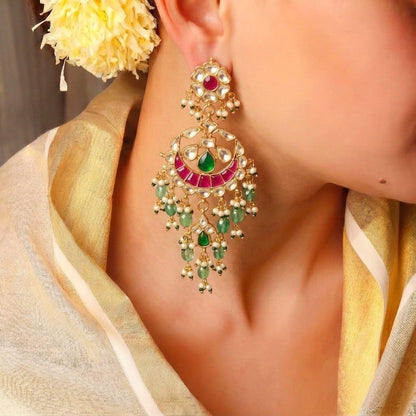 Mohini bridal kundan chandbali earrings with cascading pearl and green bead fringe