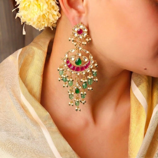 Mohini bridal kundan chandbali earrings with cascading pearl and green bead fringe