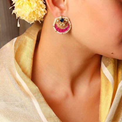 Mridula mini kundan chandbali earrings with magenta enamel and black stone accent