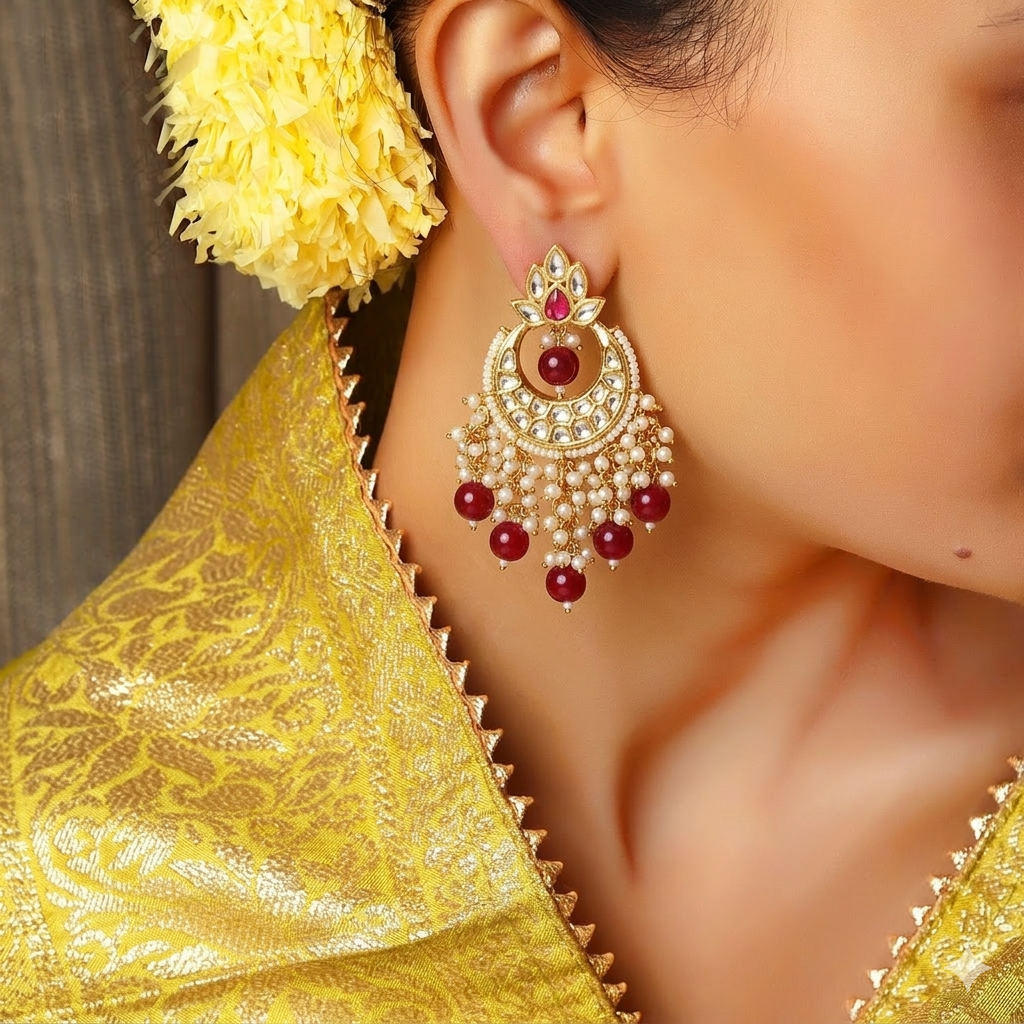 Nazneen ruby onyx polki pearl earrings gold plated for women