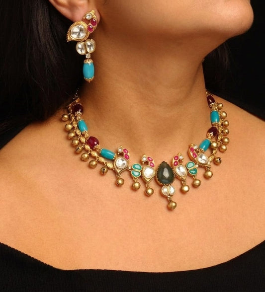 maroon polki necklace set with gold ghungroo bells 