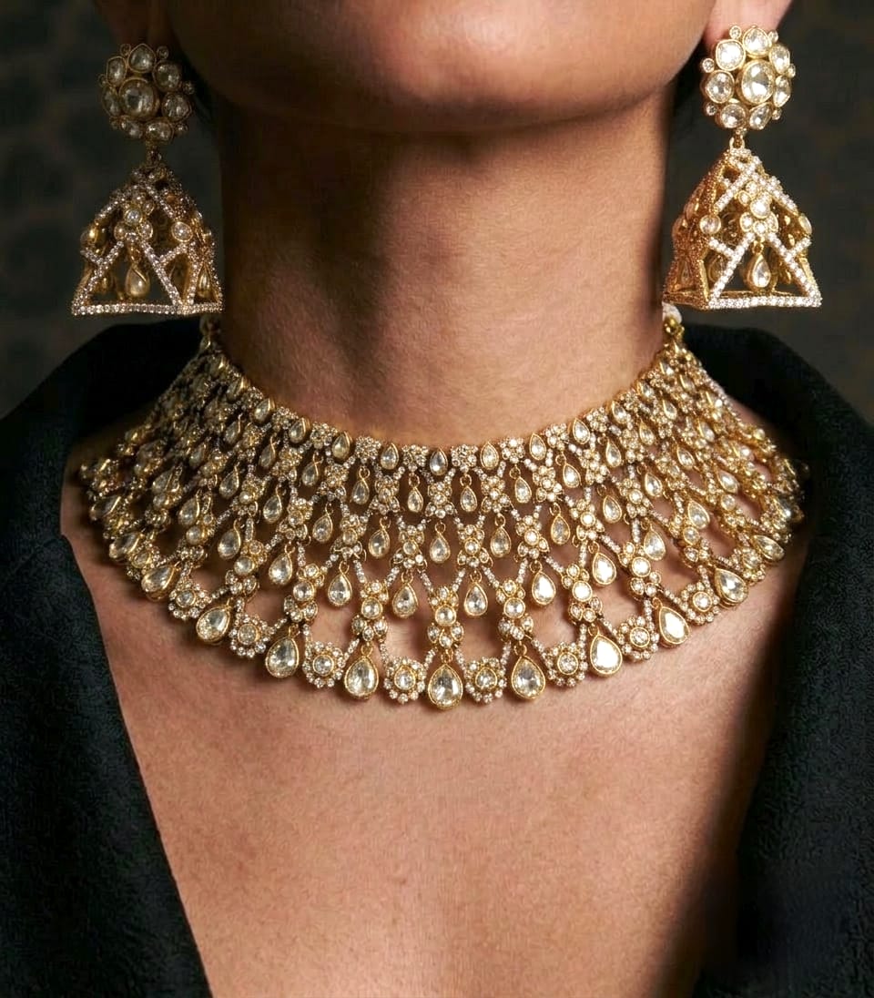 Polki bridal statement choker necklace set antique gold, cascading teardrop wedding jewellery online India