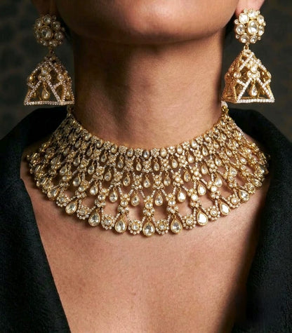 Polki bridal statement choker necklace set antique gold, cascading teardrop wedding jewellery online India