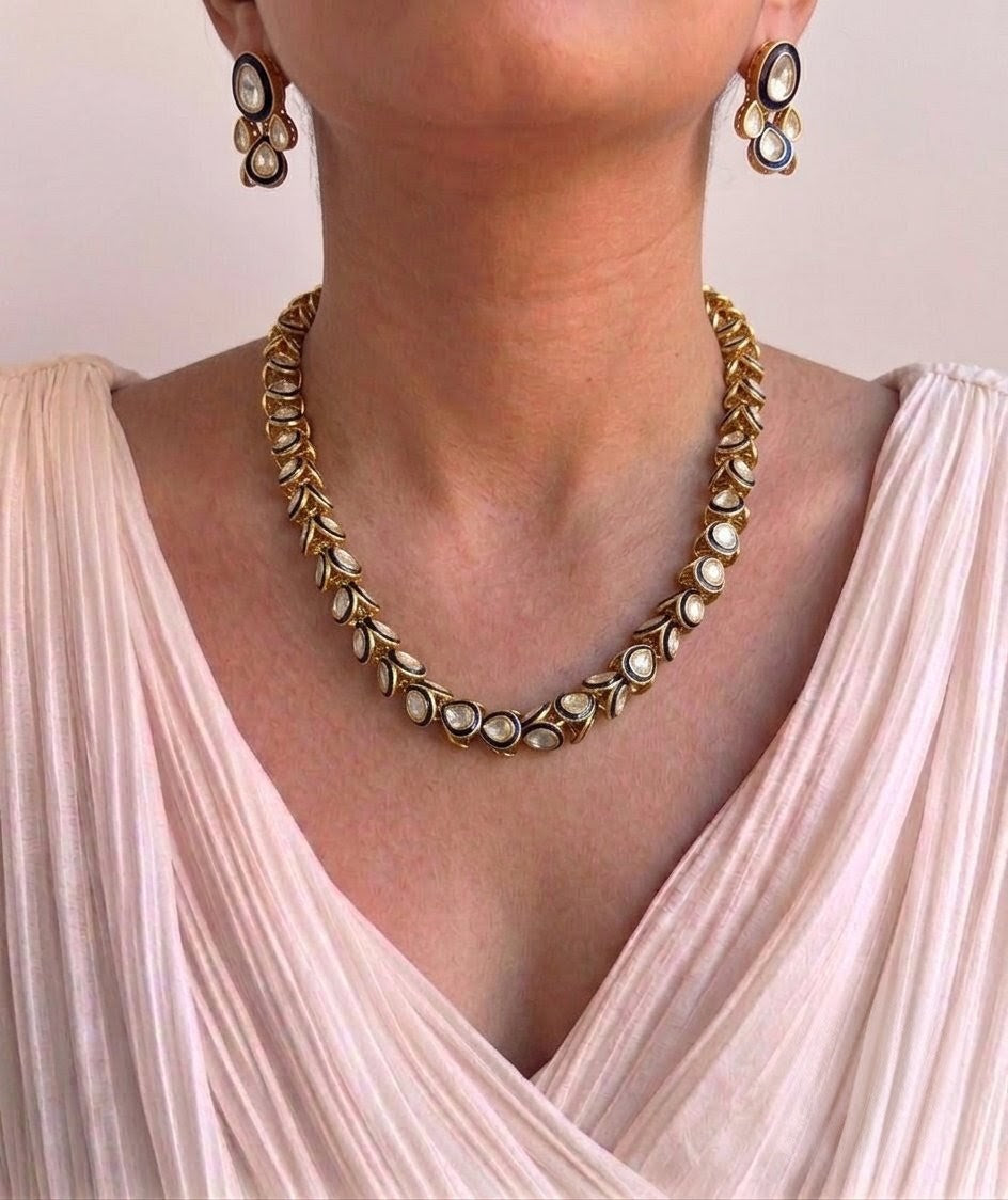 Polki leaf design necklace set antique gold, handcrafted artificial jewellery for festive wear online