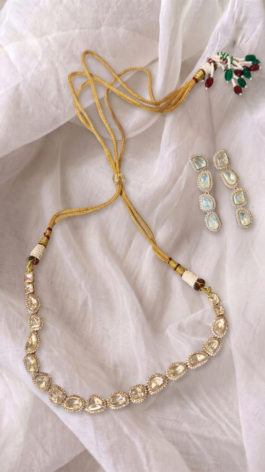 Handcrafted polki necklace set antique gold finish, uncut diamond look bridal jewellery online India