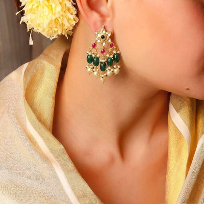 Ritu kundan chandbali earrings with floral top and green bead pearl fringe