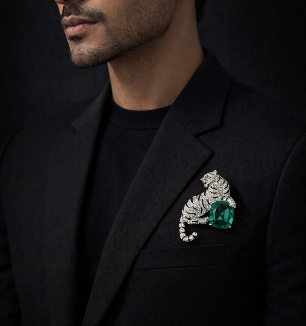 Imperial Tiger Brooch in Emerald