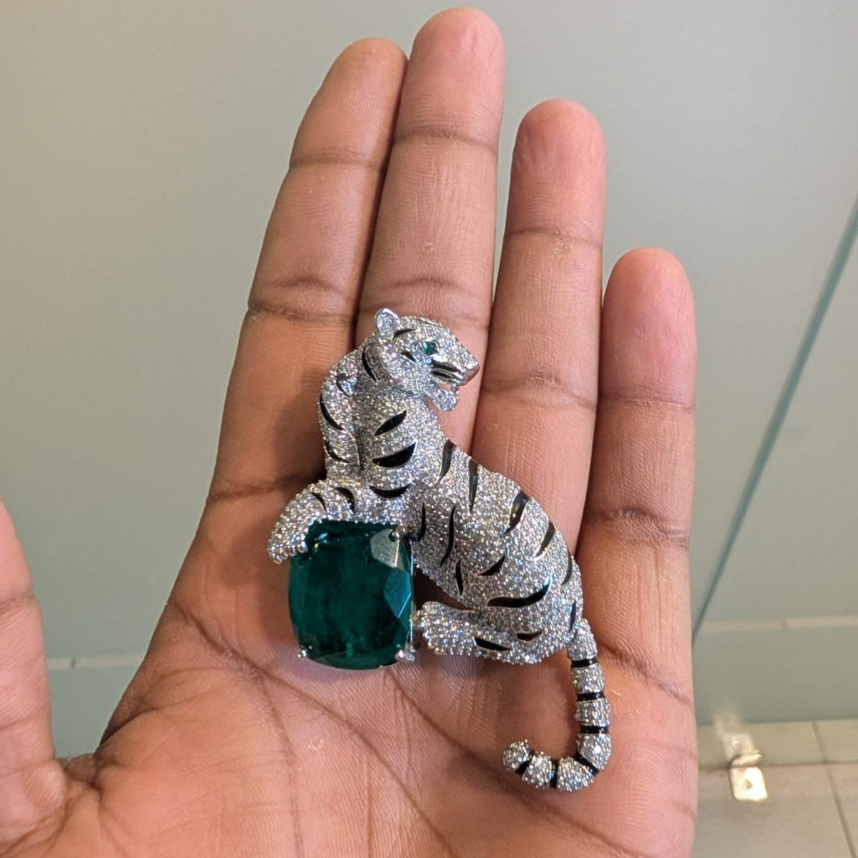 Imperial Tiger Brooch in Emerald