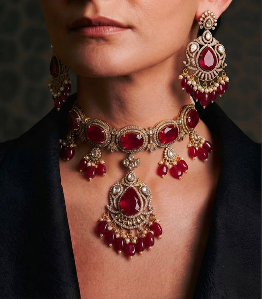 Ruby red victorian style choker necklace set, antique bridal jewellery for wedding wear online India