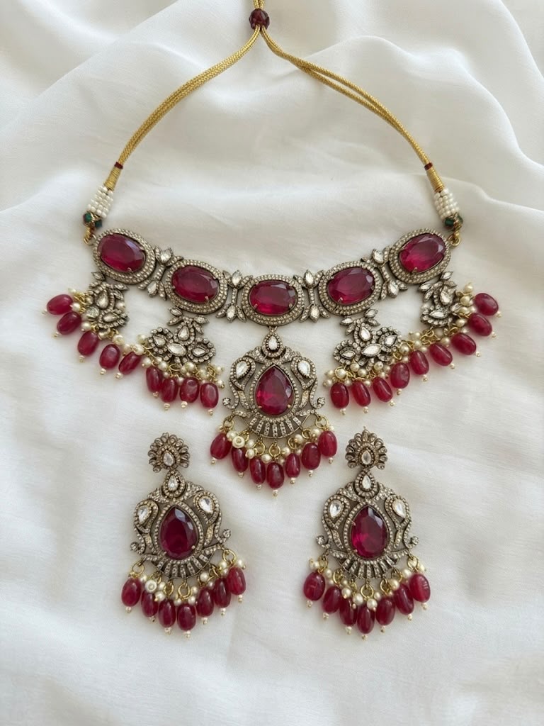 Ruby red victorian style choker necklace set.