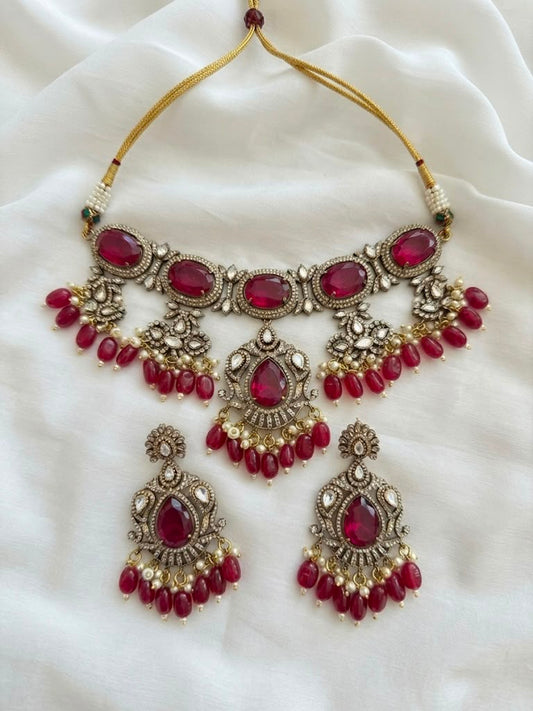 Ruby red victorian style choker necklace set.