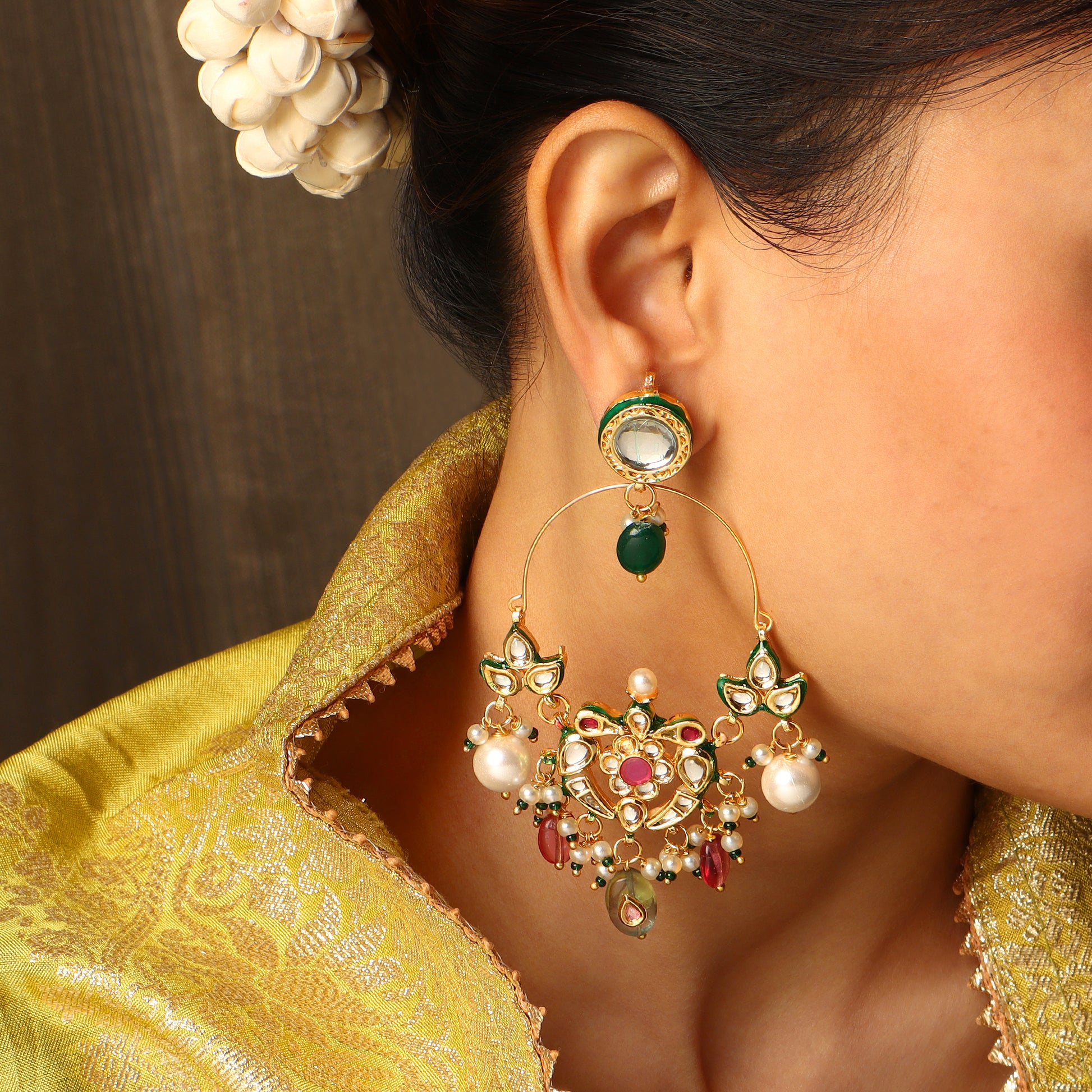 Shehnaz tricolour polki chandbali earrings mint ruby green for women