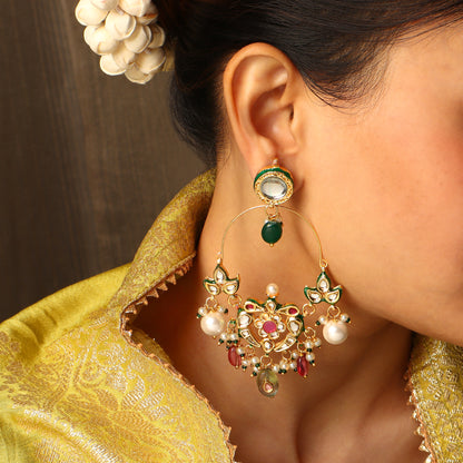 Shehnaz tricolour polki chandbali earrings mint ruby green for women