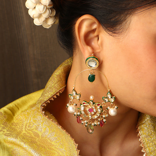Shehnaz tricolour polki chandbali earrings mint ruby green for women