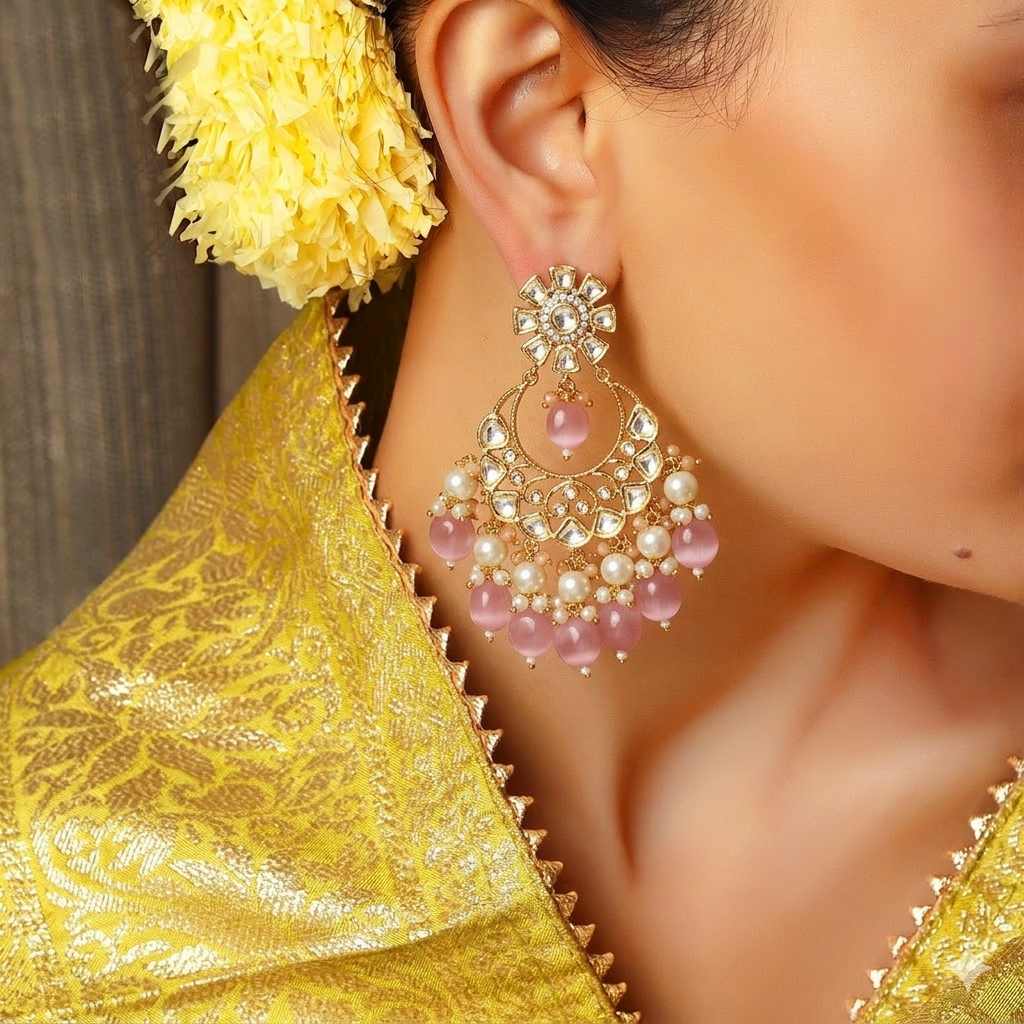 Shreshtha pink onyx polki chandbali earrings with pearls for women