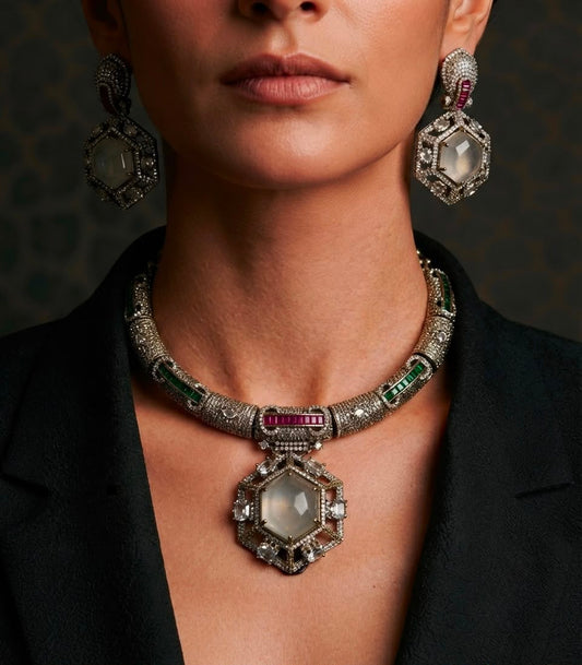 Antique silver statement necklace set with ruby emerald stones, imitation gemstone jewellery for party wear