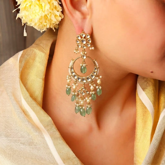 Svara kundan chandbali earrings with floral top and mint green bead fringe