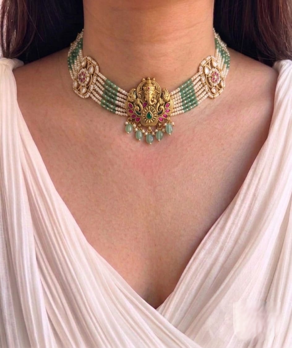 Temple jewellery choker necklace set with Ganesha pendant and pearl strands, traditional bridal jewellery online
