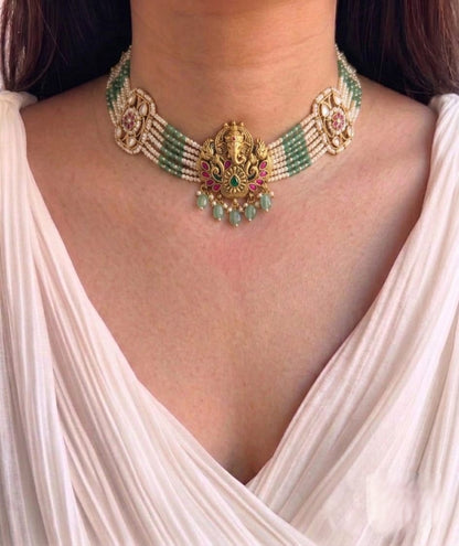 Temple jewellery choker necklace set with Ganesha pendant and pearl strands, traditional bridal jewellery online
